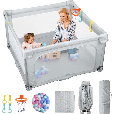 Parc Bébé Pliable avec Tapis Enfant 127×127 en Tissu Oxford 210D Maille Respirante Visible Stylo Bébé Parc de Jeux Bébé avec Boule d'Océan Jante de Basket-ball (1/5)