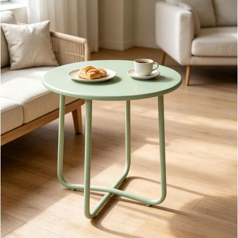 Mesa auxiliar de exterior Ø48x51 cm de metal verde, estable para terraza, montaje fácil - MEUBLIV (1/5)