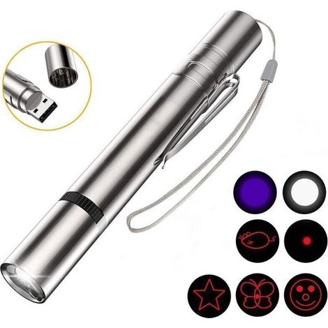 Jouet interactif pour chat – Pointeur LED 7 en 1 avec 5 motifs – Rechargeable USB – Acier inoxydable – Modes Rouge, UV, Mini lampe de poche (1/5)