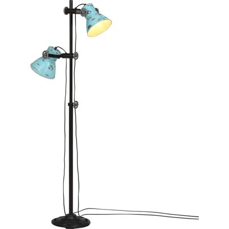 Lampadaire à 2 abat-jour réglable style industriel salon bureau 25 x 25 x 90 cm en bois de manguier bleu délavé (1/5)