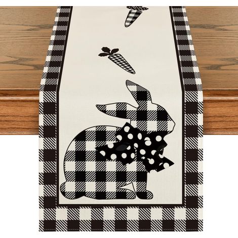Nappe à carreaux rouges et blancs avec lapin et carottes, idéale pour Pâques, le printemps et l'été, pour la décoration de table en intérieur ou pour les fêtes. Dimensions : 33 x 183 cm. (1/5)