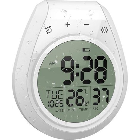 Timer da cucina - Timer digitale da cucina - Timer per doccia impermeabile - Display LCD touchscreen con indicatore di temperatura - Con ventosa/foro per appendere - Bianco