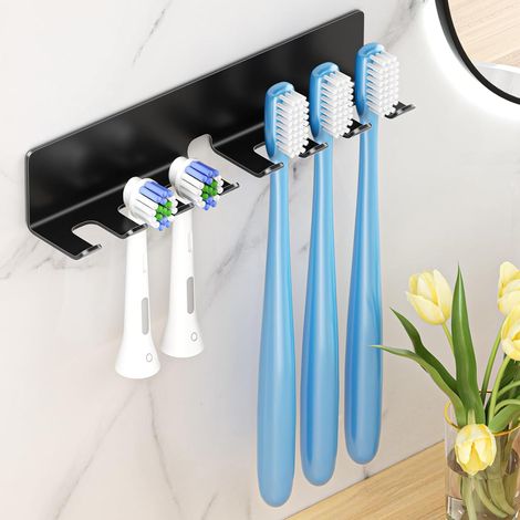 1 - Porte-Brosse à Dents - Support Mural - Sans Perçage - Adhésif Fort - Pour Têtes Électriques - Salle de Bain - Noir - 20x8cm