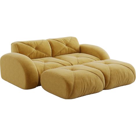 Sofá modular de 2 plazas amarillo de chenilla con 2 otomanas, sin montaje (1/5)
