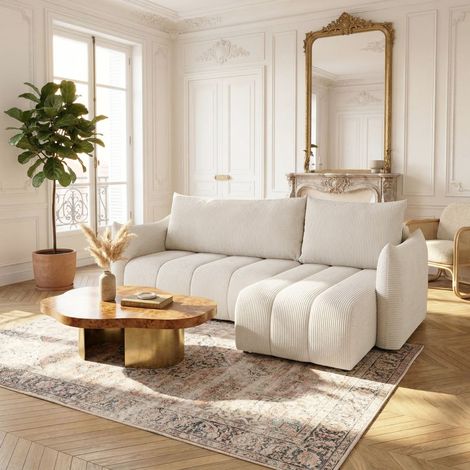 Ecksofa Schlafsofa ONTARIO XS in Stoff Poso Altweiß Ottomane Rechts