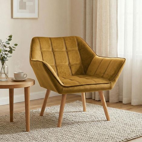 Pour Salon et Petit Espace Fauteuil Lounge d'Appoint pour Coin Lecture Style Scandinave Velours Jaune Pieds Bois 120kg (1/5)
