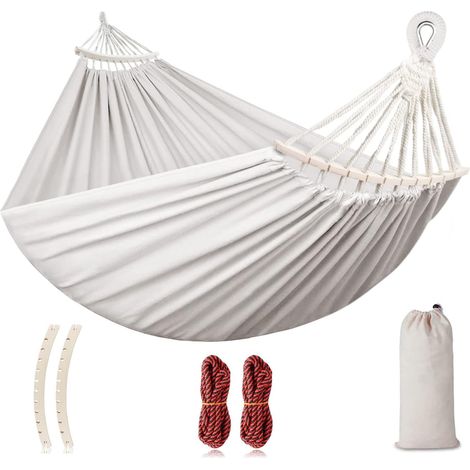 Filiyano-Hamac de camping portable, toile résistante, deux barres d'équilibre anti-roulis et sangles en bois avec nœuds métalliques, blanc cassé, 220 (1/5)