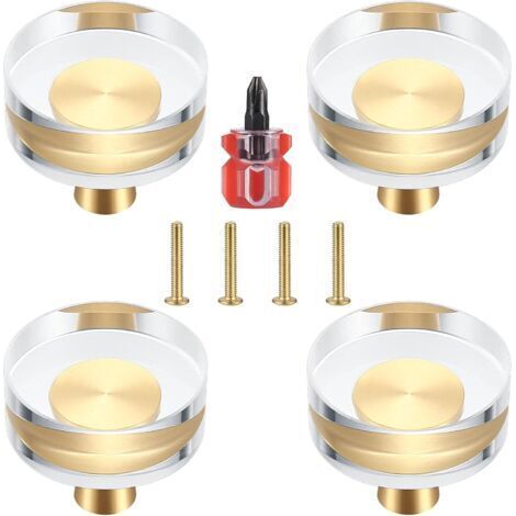 Set of 4 Clear Crystal and Brass Door Knobs for Cabinets, Drawers, Closets and Furniture - 30x27 mm (30x27 mm) (1/5)