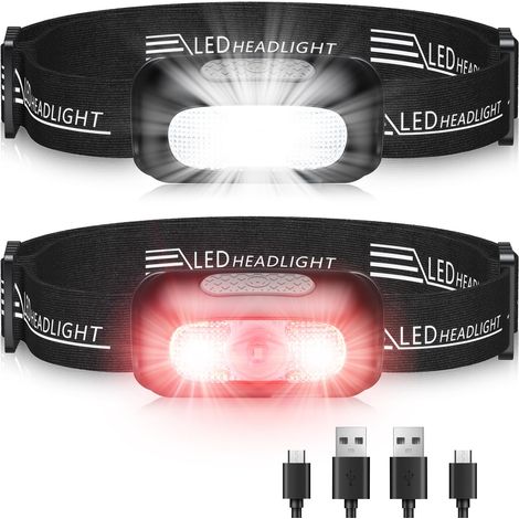 Lampada frontale, [2 pezzi] Lampada frontale a LED ricaricabile ultra potente con 5 modalità, luce bianca e rossa e IPX4 impermeabile, lampada frontale regolabile a 60° per adulti/bambini (1/5)