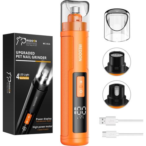 Lime à Ongles Chien, Coupe-Ongles électrique Rechargeable Professionnel à 3 Vitesses pour Animaux de Compagnie avec 4 lumières LED, Silencieux (40DB) avec Capuchon Anti-poussière (Orange) (1/5)