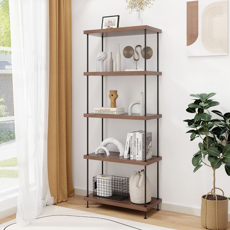 Etagère à 5 Niveaux Bibliothèque Autoportante avec Cadre en Métal Étagère de Rangement de Style Industriel Finition Grain de Bois Noyer Maison Chic (1/4)