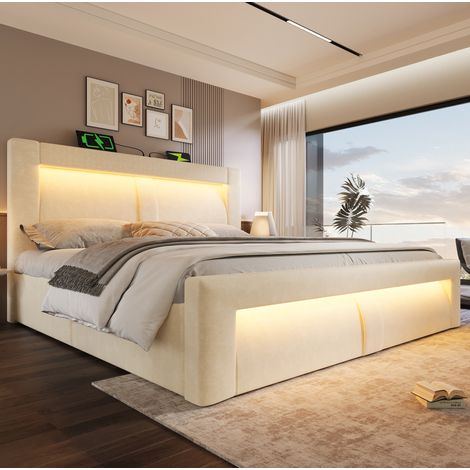 Bett 160x200 mit Stauraum LED und USB Beige HAVRYA (1/5)