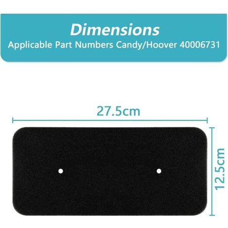 filtri per asciugatrice Candy, filtro in spugna per asciugatrice Hoover Candy 40006731, filtro in spugna per condensatore 275 x 125 x 10 mm per asciugatrici a condensazione con pompa di calore