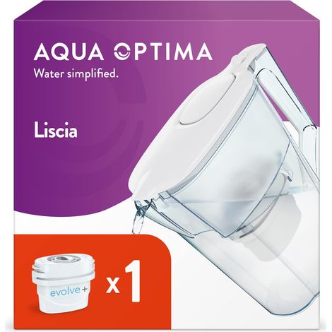 Aqua Optima Liscia Caraffa Filtro Acqua e Cartucce Filtro Acqua 6 x 30 Giorni Evolve+, Capacità 2,5 Litri, per Riduzione di Microplastiche, Cloro, Calcare e Impurità, Bianco (1/4)