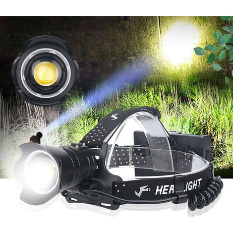 Lampe Frontale LED Rechargeable, Super Lumineuse 15000 Lumens Zoomable XHP90.2 Torche Frontale avec 3 Modes, Lampe Frontale Étanche pour Chasse, Pêche, Camping, 3x 18650 Piles Incluses (1/4)