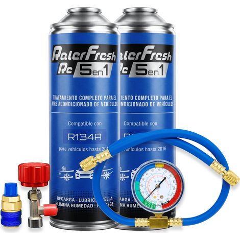 Pack gas refrigerante 2 botellas Ralerfresh RC R1234A 5en1 500ml con Manometro RF32, llave y conector
