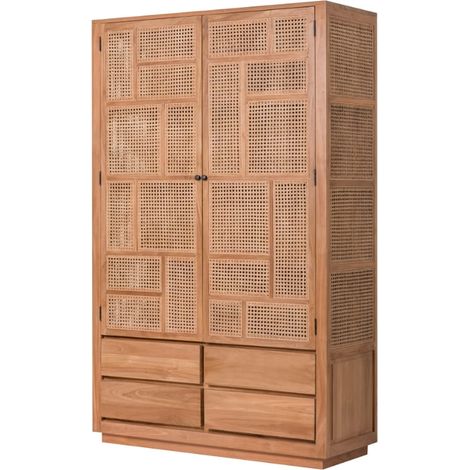 Grande armoire teck et rotin 4 tiroirs COLONIAL - 120x45x190 cm - Kayu Meuble (1/5)