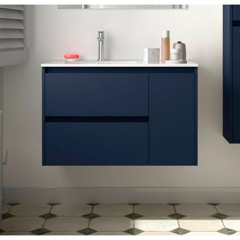 Noja meuble sous-lavabo 850 2 tiroirs 1 porte à droite + lavabo Satin bleu (1/4)