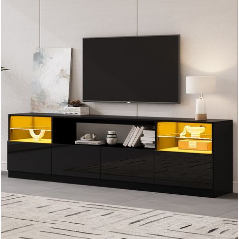 Meuble TV 180cm Noir brillant avec 3 Compartiments et 4 Portes , Meuble Télé avec Rangement en Verre LED éclairage (1/5)