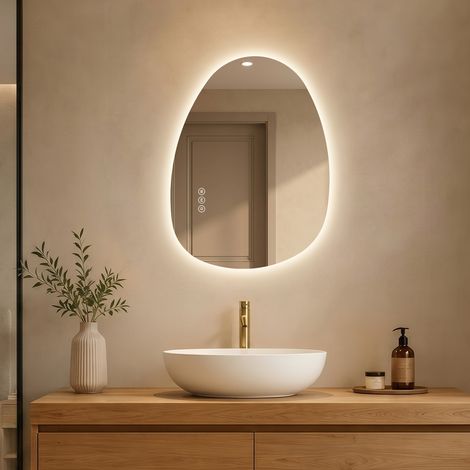 S'AFIELINA Asymmetrical Bathroom Mirror with Dimmable LED 3 Lighting Modes Lights 60x45cm Latest Fashion Illuminated Vanity Mirror