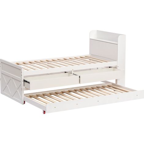 Cama individual de madera 90x190 cm con cama nido, 2 cajones, estante y USB, blanca (1/5)