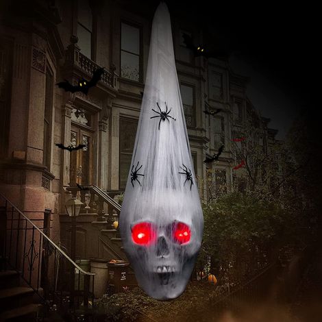 Tête de Mort animée à Suspendre pour Halloween de recouverte de Toiles d'araignée et d'yeux Lumineux, décorations de fête d'halloween, décoration (1/3)