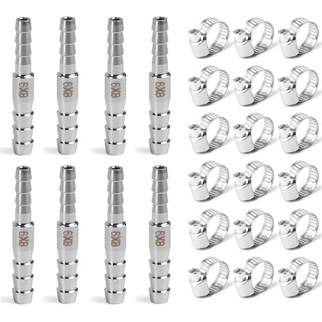 8 pièces Adaptateur en Acier Inoxydable 304 8mm à 6mm, Lot raccords de tuyau cannelés, avec 18 Pièces Colliers de Serrage, pour Air, Gaz, Eau, pour raccords de tuyaux industriels(argent) (1/5)
