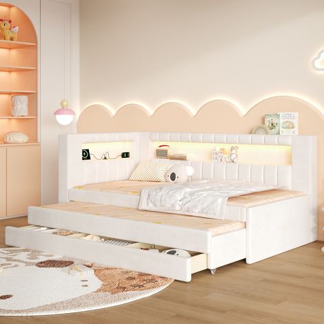 Lit Banquette Rembourré 90x200 cm, Lit Gigogne, 3 Tiroirs, LED et USB, Sommier à Lattes, Lin Blanc (1/5)
