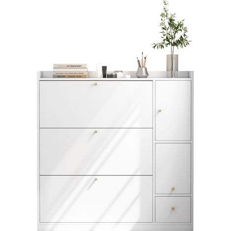 CHICFURN Scarpiera bianca 119x24x122 cm in truciolato con 3 ribalte e panca (1/5)
