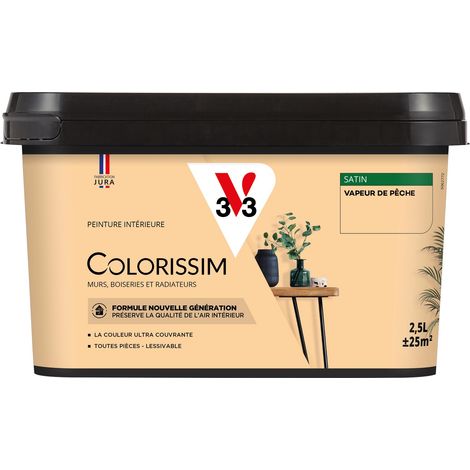 V33 – Peinture murale à effets satin 2,5L – Couleur vapeur de pêche – Haut pouvoir couvrant – Application facile sur tous supports