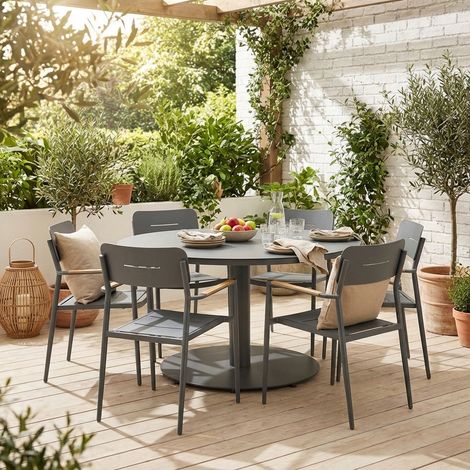 Table de jardin ronde aluminium + 6 assises anthracite - Oreva / Fira
