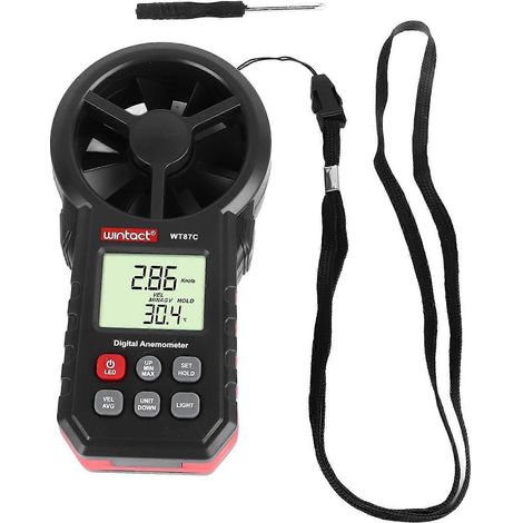 Digitales Anemometer mit LCD-Hintergrundbeleuchtung, Messgerät für maximale, minimale und durchschnittliche Windgeschwindigkeit und Temperatur