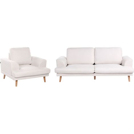 Set da salotto a 4 posti con divano in tessuto e poltrona braccioli svasati beige chiaro Kildal