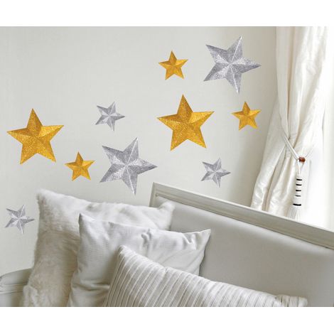 Sticker Autocollant 3D Étoiles Dorées et Argentées, 24 cm X 68 cm, Déco Murale: Autocollant 3D Étoiles Dorées et Argentées (1/4)