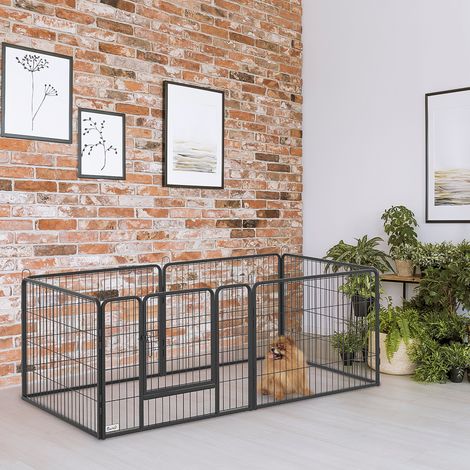 Modulares 12-teiliges Hunde-Laufgitter für kleine Hunde, 80 x 1,5 x 60 cm, faltbar, mit Stahltür und 12 Heringen, Grau