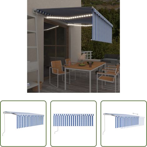 Markise mit LED - Markise Automatisch mit Rollo LED Windsensor 4x3 m Blau & Weiß (1/5)