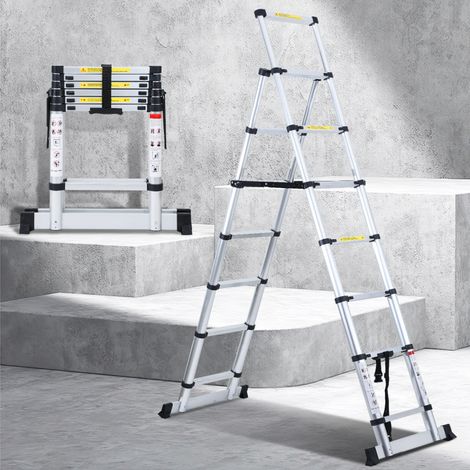 SWANEW Scala telescopica 1.7m+2.0m fino a 150 kg Scala a gradini stabile in alluminio Con trave di equilibrio carico massimo 150 kg (1/5)