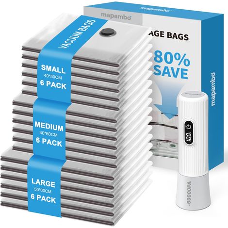 Sacs Sous Vide Vetement Aspirateur avec Pompe Électrique 60000Pa, 18 Unité Sacs de Rangement Sous Vide en 3 Tailles(4050/4060/5060CM), Économisez 80% pour Les Bagages de Voyage et L'organisation (1/5)