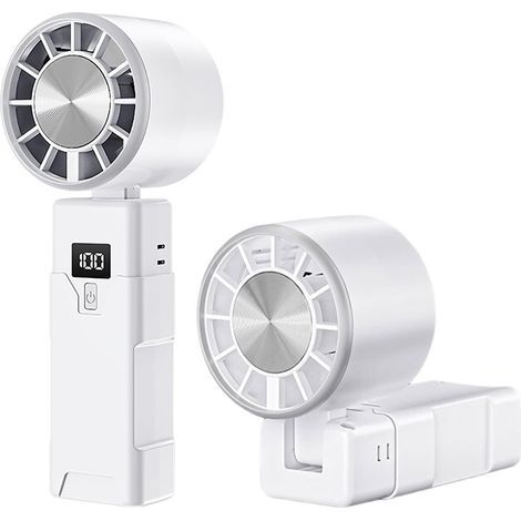 Mini Ventilateur à Main USB Rechargeable 1200mAh, Affichage Numérique et 5 Vitesses-Blanc