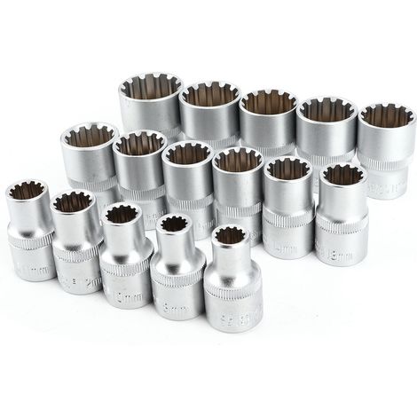 Jeu de 16 douilles cannelées SAE/métriques à entraînement 1/2 pouce, finition nickelée miroir, type universel 12 pans (1/5)