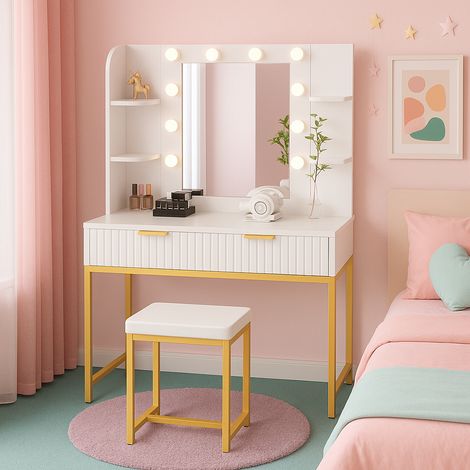 Dressing Table Set with Bulb Lights Mirror, Side Shelves and Stool - White and Gold - Hollywood Style (1/5)