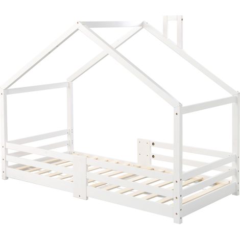 Lit cabane enfant avec cheminée et barrière de sécurité 90 x 200 cm blanc (1/5)