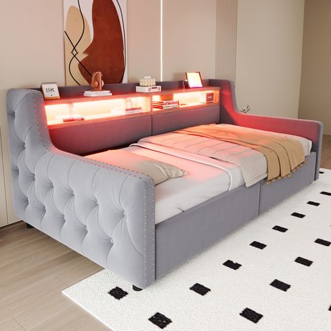 Sofá cama 90x200 cm gris claro de terciopelo con almacenaje hidráulico (1/4)