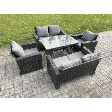 Fimous Rattan Garden Furniture Set 6 Seater Patio Outdoor Lounge Sofa Set with Rectangular Dining Table Love Seat Sofa Dark Grey Mixed (1/5)