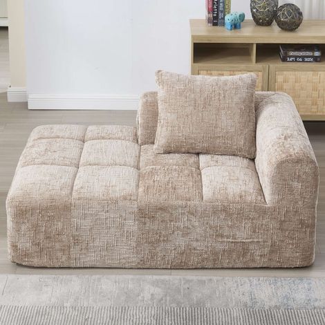 Chaise longue 1 place en tissu chenille beige, canapé lounge avec coussin, poche latérale de rangement, assise moelleuse sans montage (1/5)