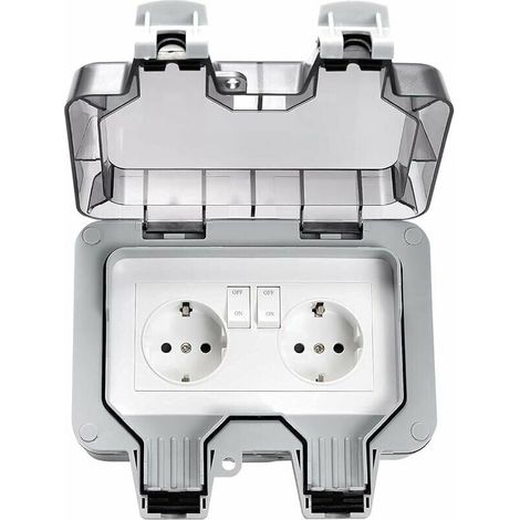 Outdoor Waterproof Sockets, Double IP66 Electrical Outdoor Socket, 2 Gang Waterproof Wall Sockets with Covers, (1/5)