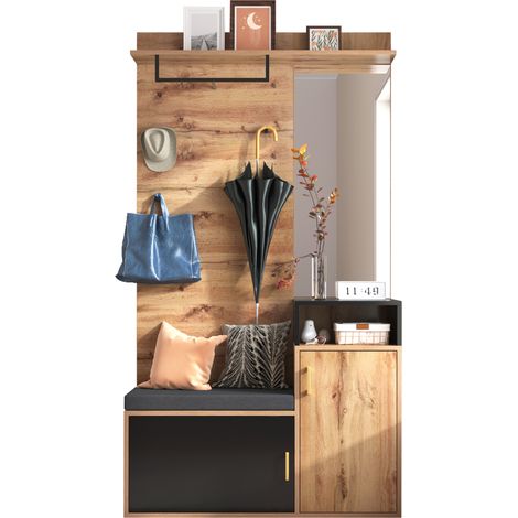 Set de recibidor de pared con espejo, perchero, zapatero y banco, 2 módulos, 4 ganchos y barra, para 9-12 pares, 191,5 x 105 x 40 cm, negro y madera clara  CHICFURN (1/5)