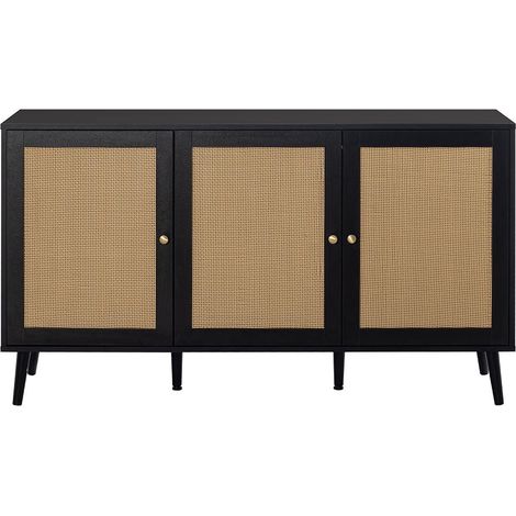 Bestmobilier – Buffet bas noir 140 cm – Façade en cannage – 3 portes – Finition satinée – Résistant à l’humidité et aux rayures