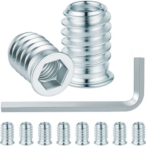 50 Pièces Insert Fileté Bois M8, Douille Filetée en Acier au Carbone Zincé, Avec clé à six pans creux, pour Meubles en Bois (1/5)