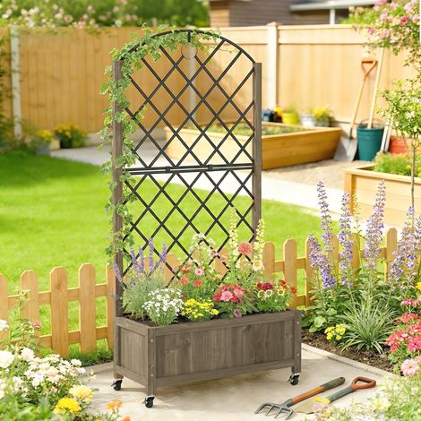 Carbonisée 72x36x168 cm - Jardinière en bois doté de treillis métalliques et roues pour plantes grimpantes Jardinière surélevée (1/4)